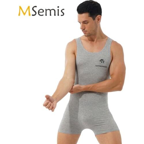 Mens Male Athletic Wrestling Boxers Jumpsuit Leotard Nightwear Gymnastics Fitness Round Neck Sleeveless Workout Sport Bodysuit