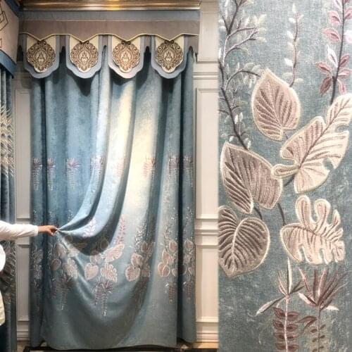 New European blue chenille thick shading curtain bedroom bay window embroidered floor curtain screen customization curtains