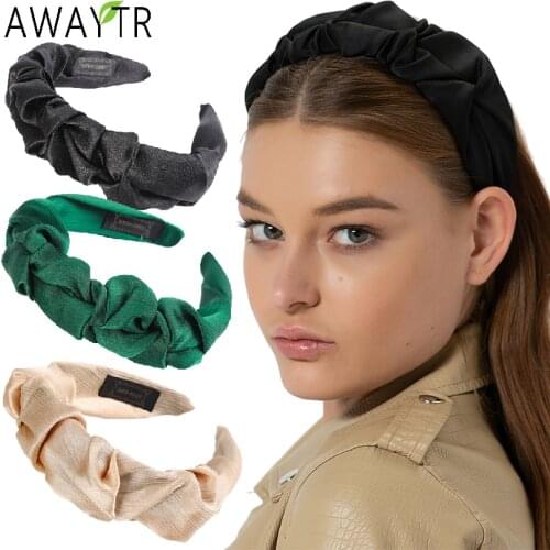 AWAYTR Pleated Solid Satin Headband Bezel Hair Hoop Turban Women Wide Elastic Hairbands Girls Accessories Hair Bands Headdress