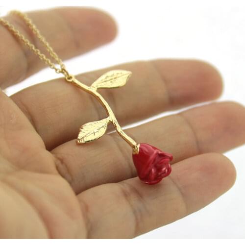 Wholesale 10Pc/lot Dainty Red Rose Flower Pendant Necklace Delicate Beauty and The Beast Necklace Bridesmaid Gift Jewelry