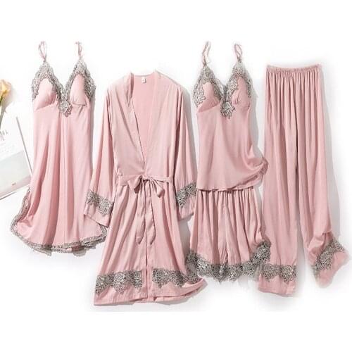 Sexy Womens 5PCS Lace Sleepwear Sleep Suit Spring Lady Satin Pajamas Sets With Chest Pads Pijamas Lounge Nightwear Home Wear
