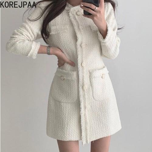 Korejpaa Women Dress 2021 South Korean Fashion Elegant O-necked Su-side Design Single Breasted Pocket Long-sleeved Tweed Vestido