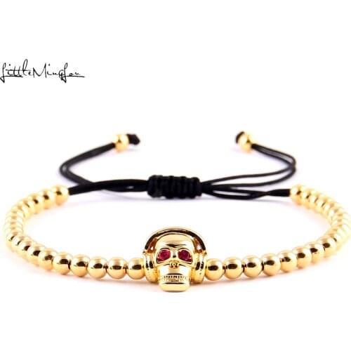 Little MingLou Luxury Red zircon rock music skull Charm copper bead Braided men skeleton bracelets & bangles for women Jewelry