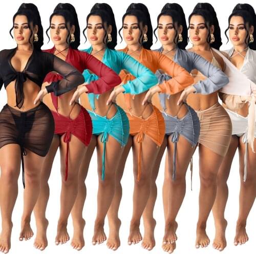 Sexy Women Summer Beach Set Sheer Mesh Bandage Coat+ Mini Dress See Through Tracksuit Women Beach Holiday Clothes