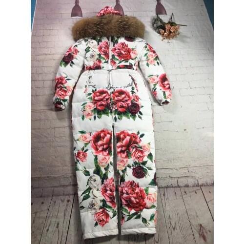 FLOWER super fur 2019 Winter jumpsuit women white duck down jumpsuit Womens ski suit down twinset outdoor suit outerwear