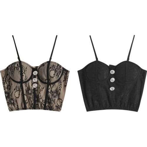 Womens Sleeveless Corset Crop Tops, Shiny Button Front Spaghetti Strap Push Up Bustier Tops