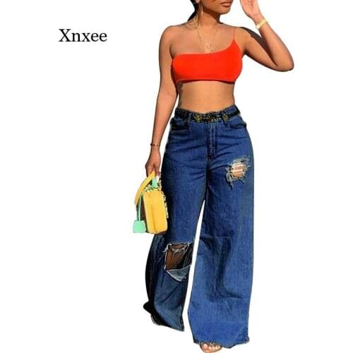 Women Boyfriend Distressed Jeans Pants Fall Winter Streetwear Wide Leg Trousers Fashion Loose Denim Distressed Sexy Bottoms