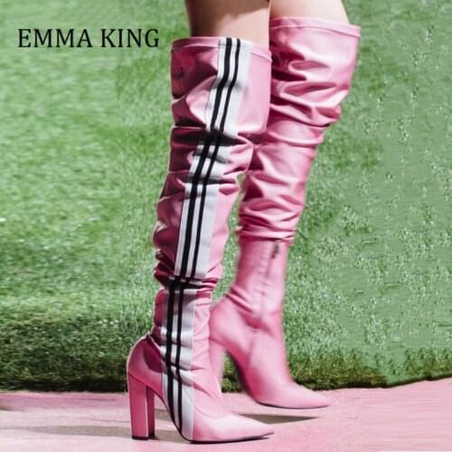 2021 Spring Women Elastane Over The Knee Boots Lycra Fabric Side Vertical Stripe Pointy Toe Chunky Heel Long Botas De Mujer
