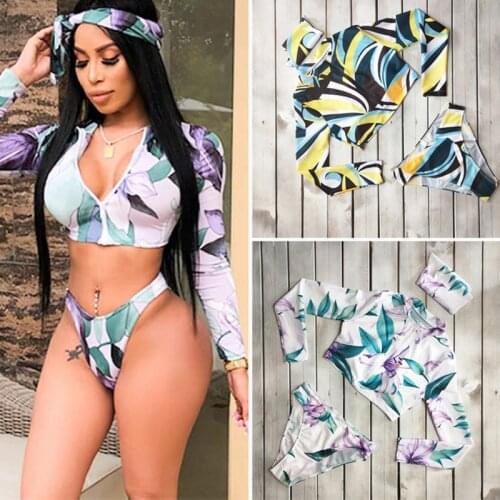 3PCS Bikins Swimsuit floral print Women Brazilian Hot Fancy Summer padded long sleeve Bathing suit beachwear Bikini set Swimming