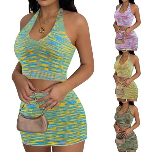 IMCUTE Y2K knit short skirt suit womens halter-neck U-neck sleeveless halter camisole + high-waist elastic slim-fit hip skirt