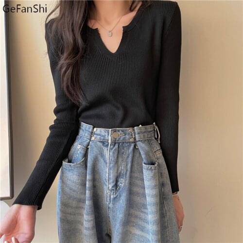 Spring Autumn Fashion Sweaters Top V-Neck Sexy Slim Pullovers Korean Knitted Ladies Sweater Womens Solid Long Sleeve Top T-shirt