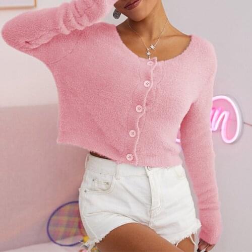 Women Winter Mink Cashmere Cardigan Sweaters Fashion O-Neck Sweet Pink Knitwear Female Knitted Long Sleeve Mink Cashmere Sweater