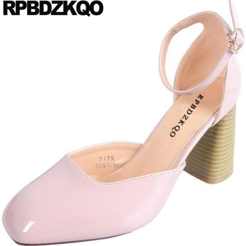 2019 block heels shoes for women pink chic pumps size 4 34 casual patent leather 8cm high thick ladies ankle strap square toe