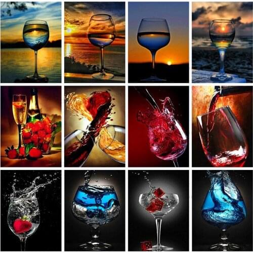 5D DIY Diamond Painting Wine Glass Rhinestones Full Square/Round Diamond Embroidery Sunset Landscape Mosaic Wall Decoration