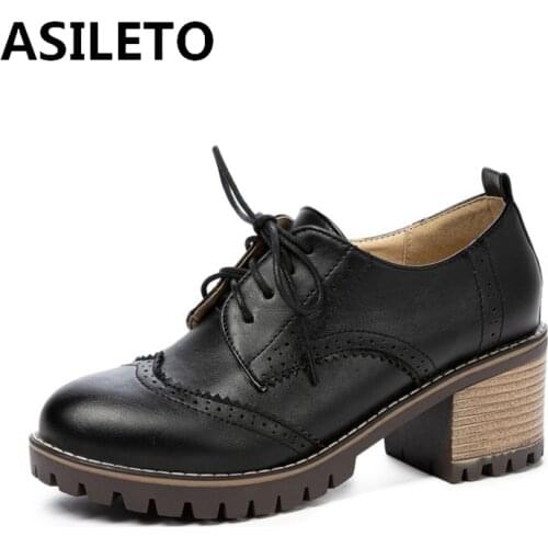 ASILETO 2021 Retro Ladies Oxfords Pumps Polka Dot Lace Up Vintnge Round Toe 5CM Chunky Heel Shoes US11 12 Black Brown A4392
