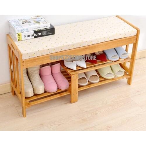 Bamboo Shoe Changing Stool Shoe Cabinet Shoe Rack Storage Stool Try on Shoe Stool Fashion Pastoral European Stool with Cushion