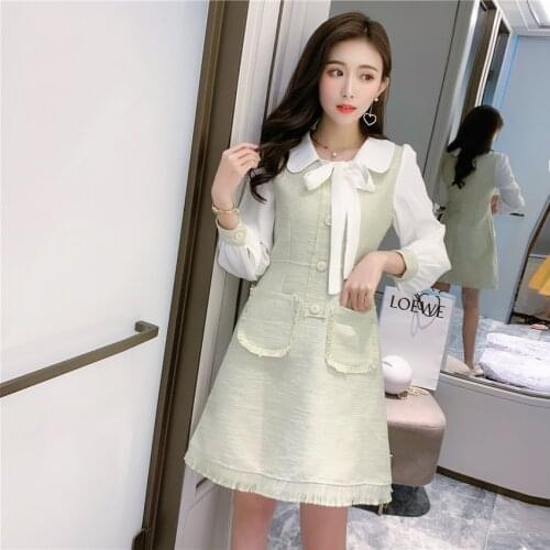 Will fall on the new fake two dolls led bow dress little fresh single-breasted a-line skirt