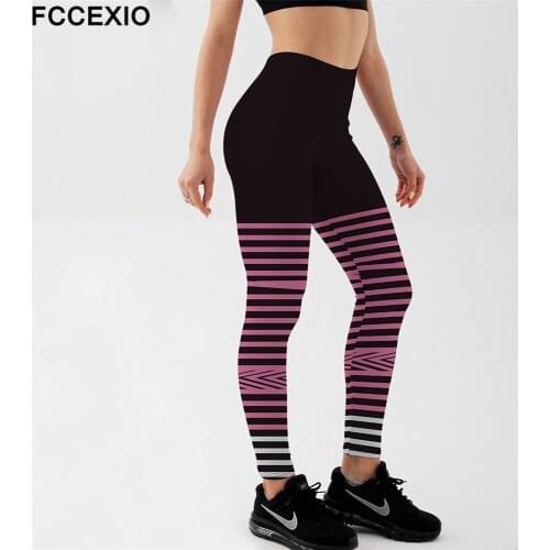 FCCEXIO Pink Stripe Print Women High Waist Pants Fashion Plus Size Fitness Slim Soft Stretch Leggings Sexy Run Black Trousers