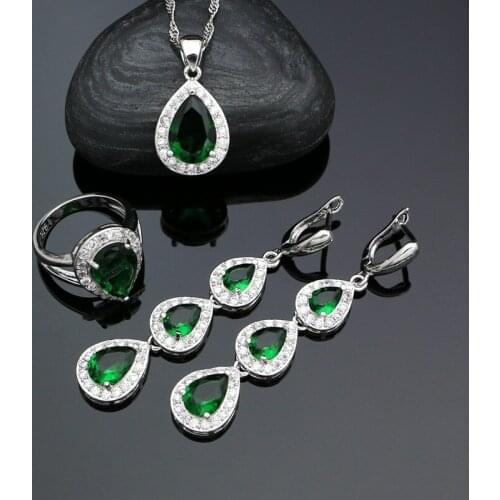 Classic 925 Silver Jewelry Sets for Women Natural Green Cubic Zirconia White Crystal Long Earrings Ring Pendant Necklace Kit