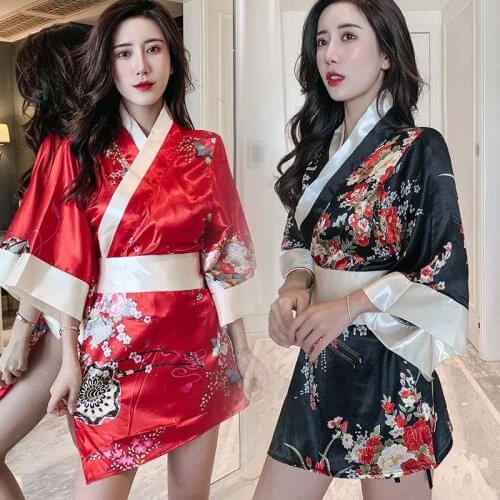 2020 New Erotic Lingerie Classical Sexy Exquisite Printing Japanese Style Kimono Red Black Pajamas Bathrobe Set