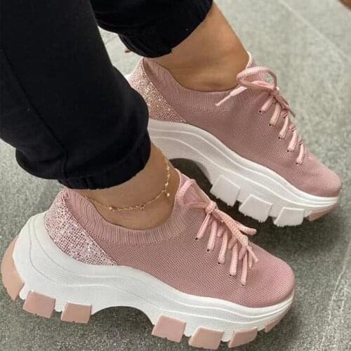 Women Vulcanized Shoes Air Mesh Lace-Up Solid Thick Bottom Shallow Plus SizeFemale Sneakers Fashion Comfortable Ladies Footwear