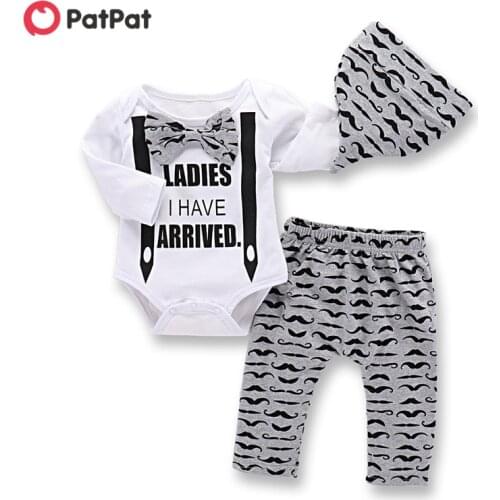 PatPat 2020 Summer and Spring 3-piece Baby Boy LADIES I HAVE ARRIVED Print Bow Bodysuit and Moustache Pants with Hat Set s