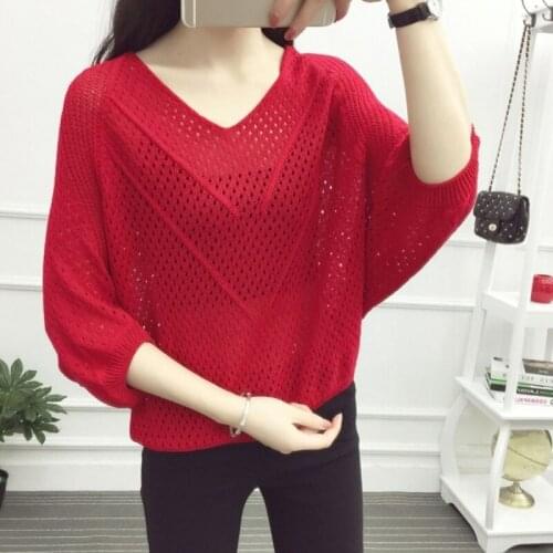 Batwing Summer Plus Size Knitted Pullover Tops V-neck Hollow Out Pull Jumpers Women Sweaters Female Pullovers