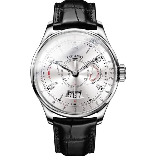LOBINNI Men Vogue Dress Sport 50M Waterproof TACHYMETER Business Automatic Mechanical Wrist Watch With Month Week Date - Silver