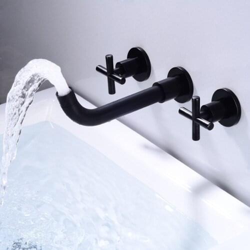 New Bathtub Set 3 hole Silver Gold Black White Brass Double Cross Handle Wall Mounted Bathroom Sink Faucet Hot Cold Tap In-Wall