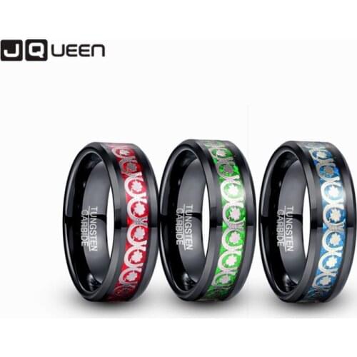 JQUEEN Horseshoe Flower Pattern Blue Red Opal Paper Electric Black Tungsten Carbide Ring Fashion Wedding Jewelry Best Gift