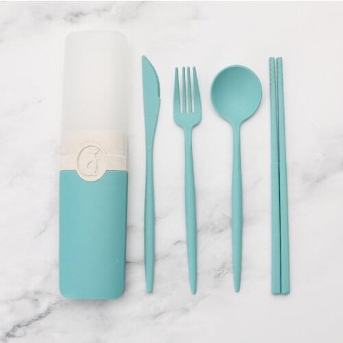 Portable Reusable Spoon Fork Travel Picnic Chopsticks Wheat Straw Tableware Cutlery Set With Carrying Box For Student Office