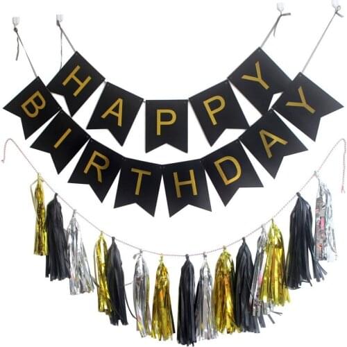 Party Garland with Pack 15 tissue paper Tassels Garland,Pink/White/Mint Colors Happy Birthday Bunting Banner with Gold Letters