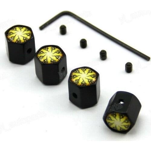 Anti-Theft Tire Rims Stem Air Dust Valve Caps & Lock Screw Fire Flame Blaze Gold Fit For Toyota Honda BMW Ford Hyundai Lexus Kia