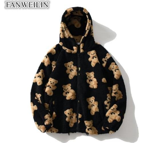 Akatsuki Autumn Winter Vintage Bear Print Hooded Pullover Fashion Mens Lambswool Thicken Jackets Couple Zip UP Cardigan Hoodies
