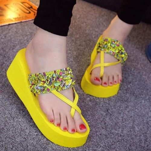 Summer New Flip Flops Fashion Women Beach Sandals Thick Heel Floral Female Wedges Slippers Wholesale Girl Outside EVA Slides
