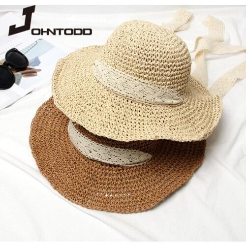 2021 Fashion Women Summer Hats Straw Sun Hat Lady Girls Lace Ribbon Bow Panma Beach Hat Female Floppy Travel Folding Cap Chapeu