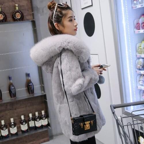 Fur coat female whole skin rabbit fur long fox fur hooded