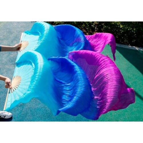 Hits 2018 High selling women Quality Silk Belly Dance Fan Dance 100% Real Silk Veils 1 pair (2pcs) Turquoise+blue+purple