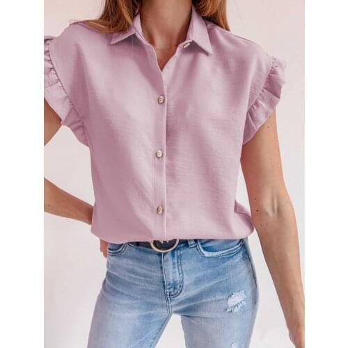 Womens Clothing Summer New Single Breasted Button Tshirt Solid Color Ruffled Collar Short Sleeve Top Tshirts
