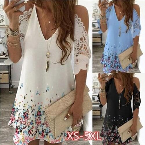Women Floral Print Mini Dress Sexy V-Neck Off Shoulder Elegant Lace Party Dress Plus Size Summer Beach Dress S-5Xl