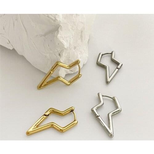 Minar Retro Gold Color Lightning Brass Hoop Earrings for Women Minimalist Hollow Geometric Huggie Earring Birthday Gifts for Her