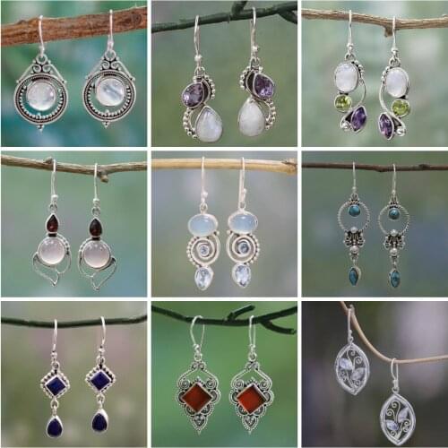 2020 Silver Color Geometric Semi-precious Stone Drop Earrings Women Popular Round Purple Blue Red Rotating Water Drop Earrings