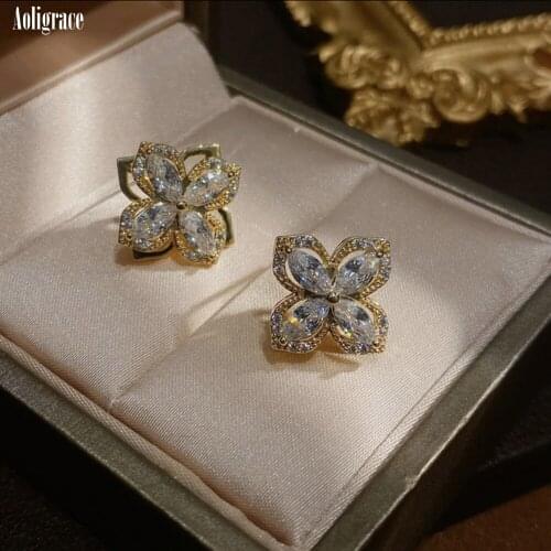 AAA Cubic Zirconia Stud Earrings For Women Silver 925 Rotatable Clover Earring Wedding Party Flower Jewelry Pendant Accessories