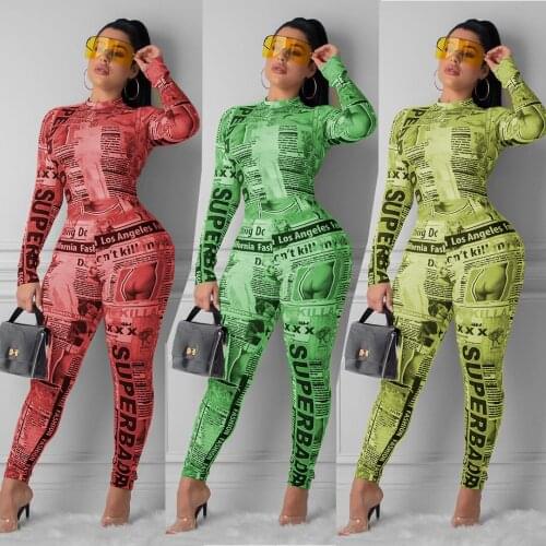 Echoine Women Newspaper Printed Long Sleeve Bodycon Jumpsuits Sexy Club Night Romper Jogger Autumn Playsuit Overalls Outfits