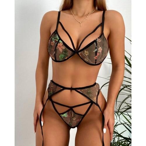 Women Sexy 3Pcs Lingerie Set Floral Embroidery Perspective Bra Panty Set with Garter Belt Ladies Exotic Underwear Set Sleepwear