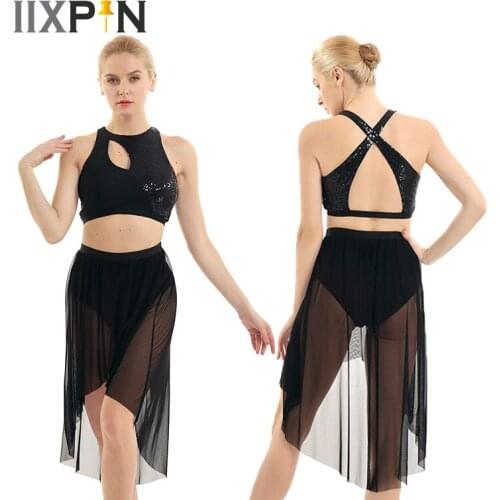 Women Latin Dance Dress Lyrical Costume Outfits Asymmetrical Shiny Sequins Sleeveless Tank Crop Top with High-Low Mesh Skirt