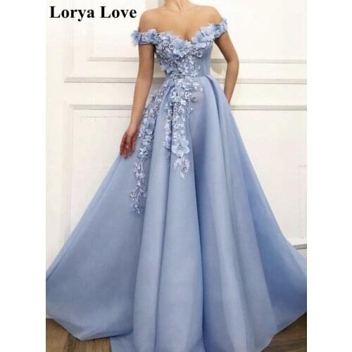 Off Shoulder Tulle Prom Dresses 2020 Women Formal Party Night Long Vestidos Light Blue Appliqus Robe Elegant Evening Gowns