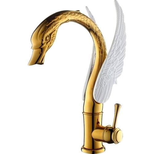 Gold +White finish bathroom basin vessel sink swan mixer tall faucet crystal Single handle deck mounted