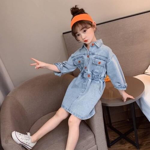 2021 New Baby Girl Denim Short Mini Dress Toddler Kids Long Sleeve Casual Party Shirt Dress 3T 4 5 6 7 8 9 10 11 12 Years