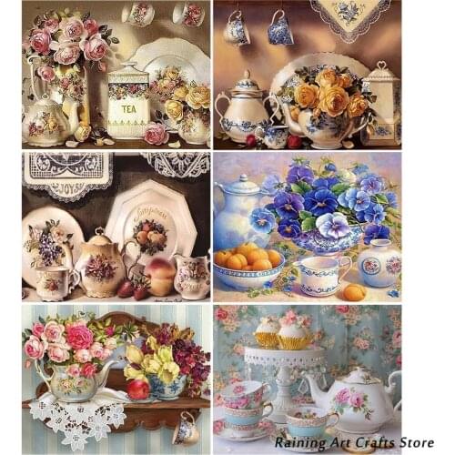 5D Diy Diamond Painting Vintage Teapot Teacup Full Drill Rhinestones Embroidery Cross Stitch Kitchen Mosaic Pictures Home Decor